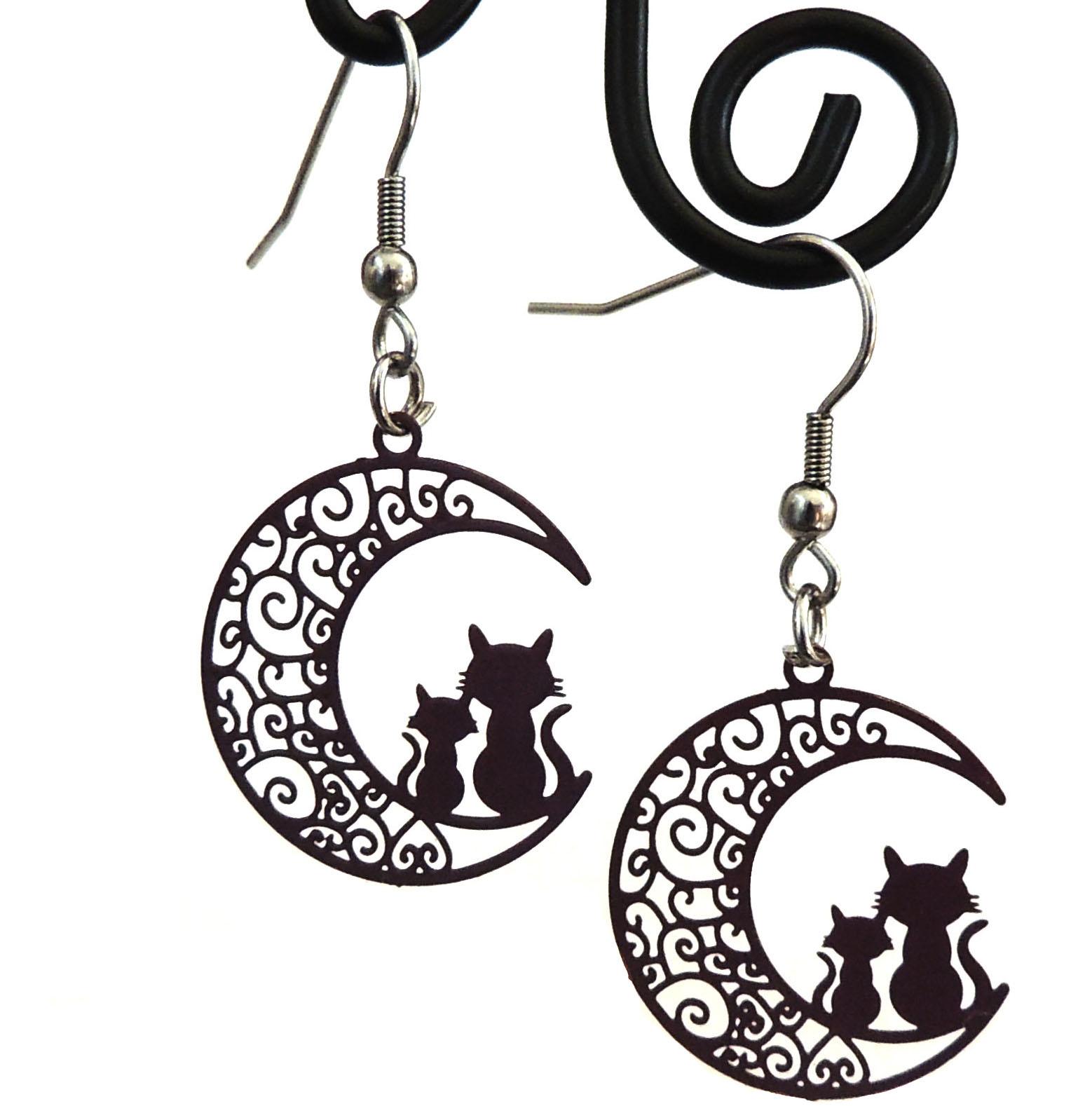 Boucles d'Oreilles Lune avec Chat noir - EloCréation à Vézillon